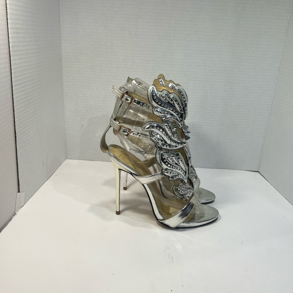 Giuseppe Zanotti Silver Crystal Leaf Stiletto Sandals